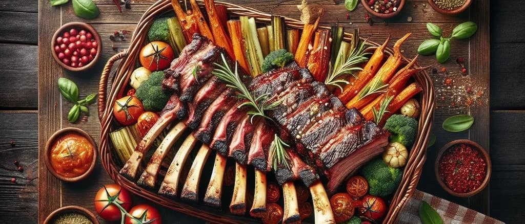 Assorted beef ribs with diverse packaging on wooden table