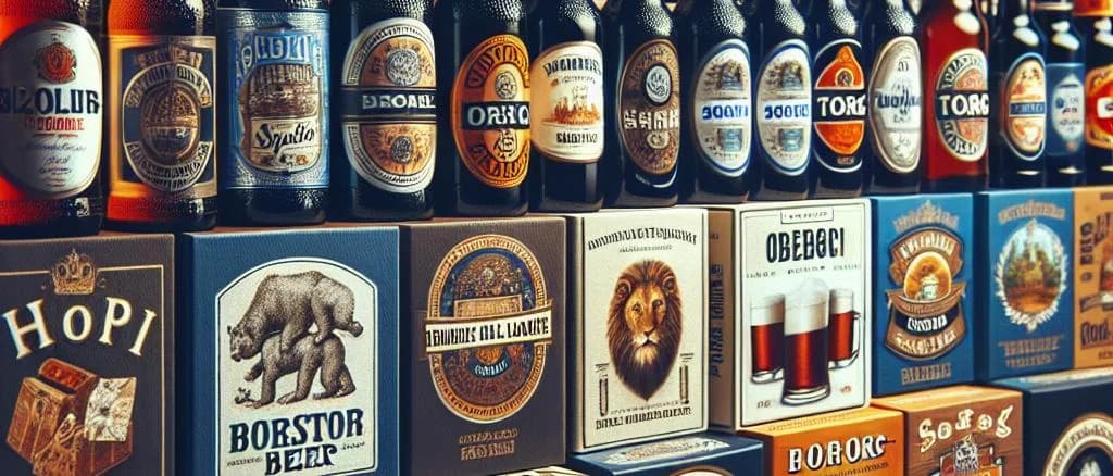 Various beer bottles and cans with diverse packaging on a wooden table