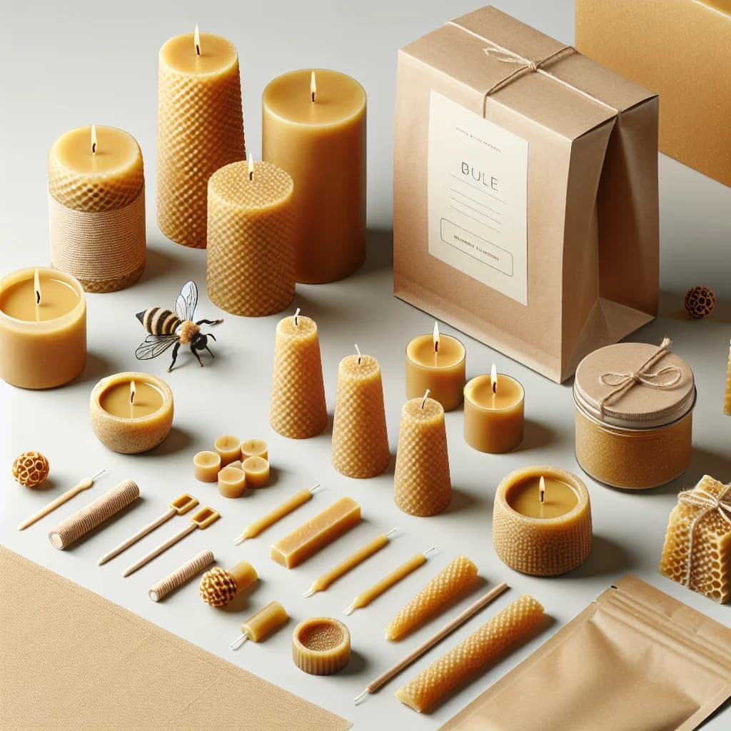assorted beeswax candles in elegant bulk packaging with various designs and natural hues