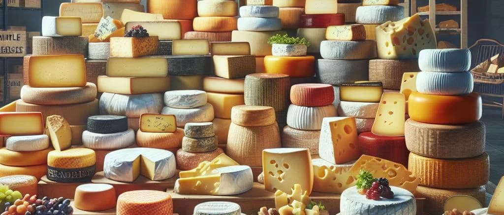 Assorted variety of Belgian cheeses with rustic packaging