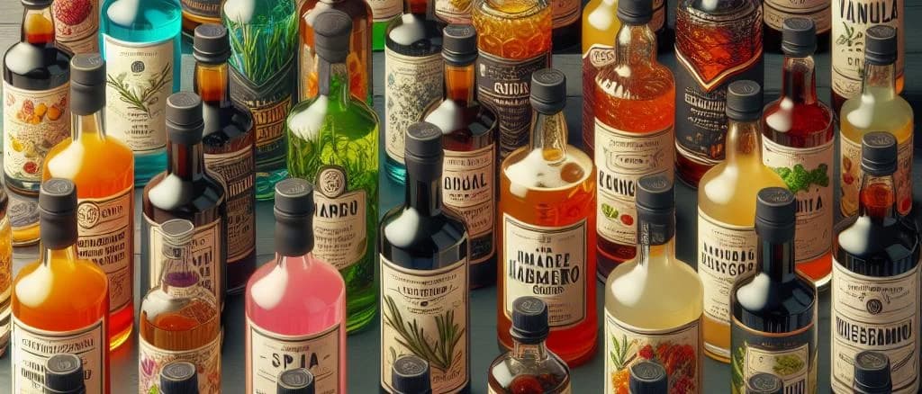 assorted beverage syrup bottles on a wooden surface