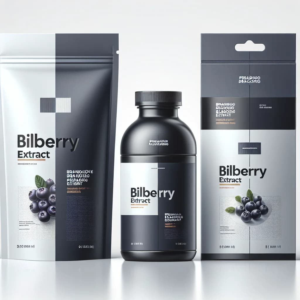 packaging variations of bilberry extract in bulk and private label options on a clean, minimalistic background