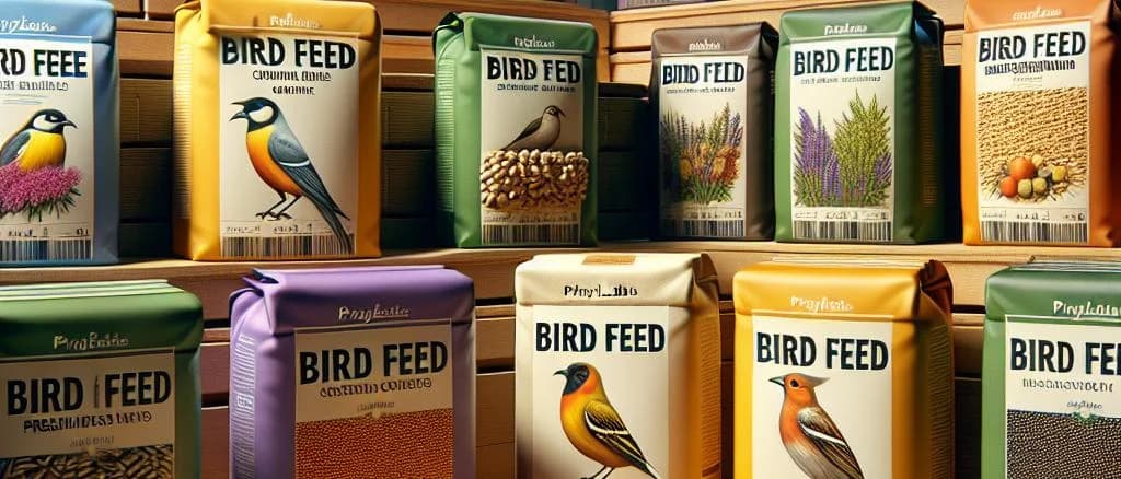 Variety of bird feed packages in natural setting