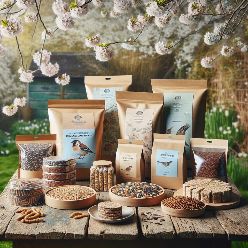 assorted bird food varieties in eco-friendly packaging placed on a wooden surface with a natural outdoor background