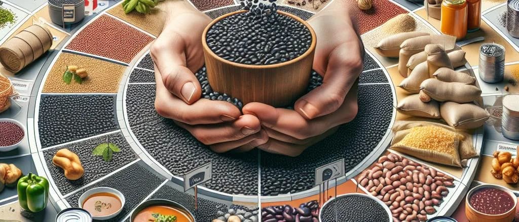 Black beans in various packaging options on a colorful backdrop
