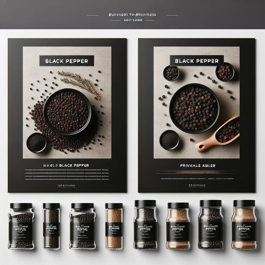 Various types of black peppercorns displayed with bulk packaging and private label options on a neutral background