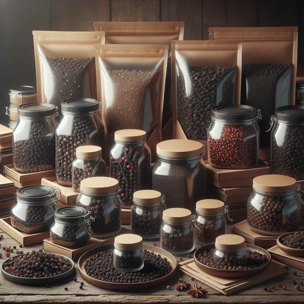 Variety of black pepper packages with spicy aroma, displayed on a rustic kitchen table for B2B buyers