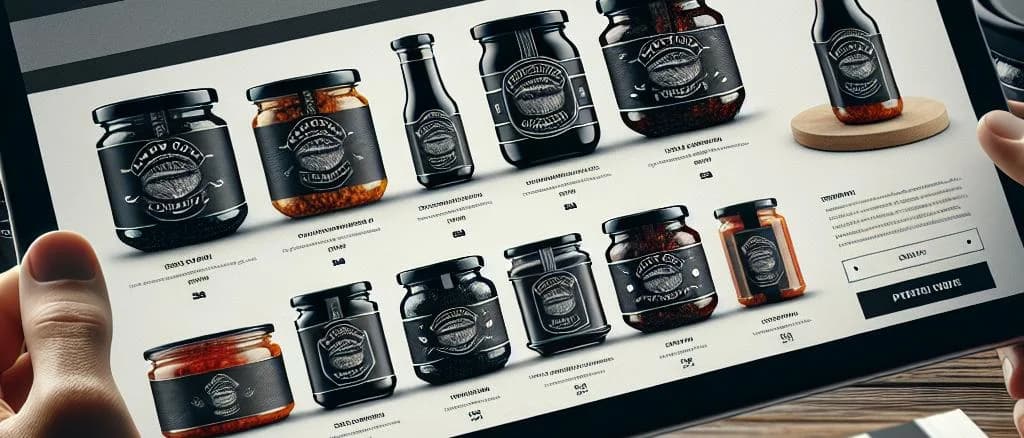 Varieties of black tapenade jars with different packaging in a Mediterranean kitchen setting