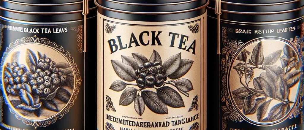 Assorted black tea variations with sleek packaging on a rustic wooden table background