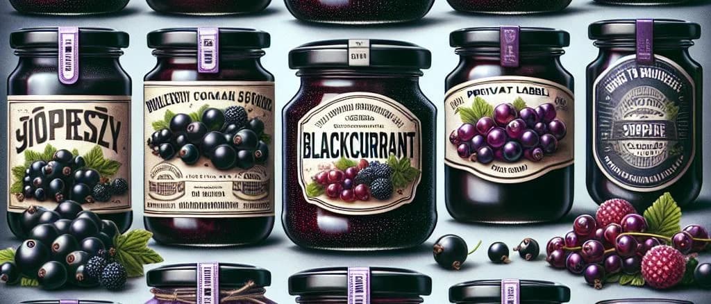 Various jars of blackcurrant jam with different packaging on a wooden table