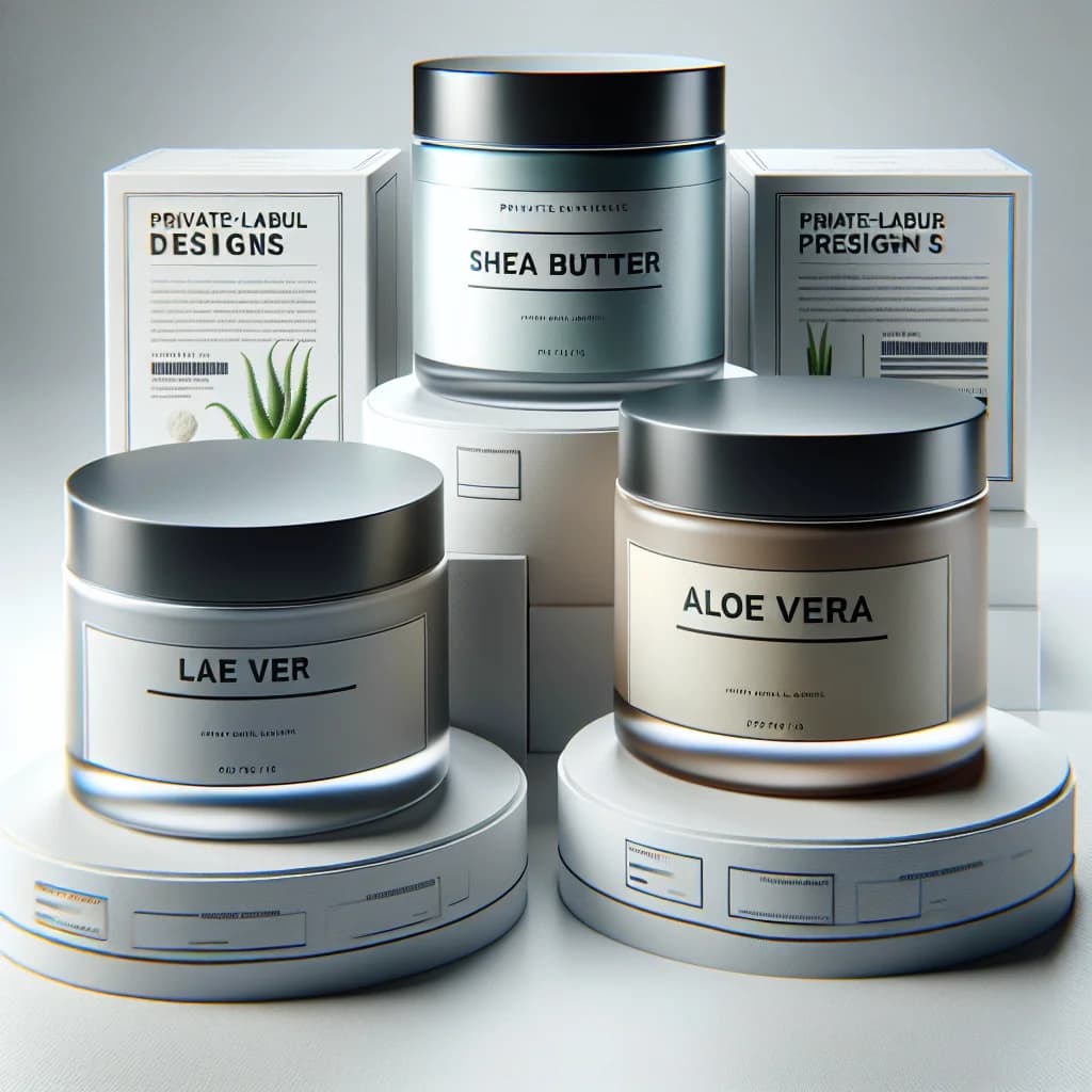 packaged body cream jars with minimalist labels on a clean white background, showcasing different cream types like shea butter, aloe vera, and vitamin E formulas