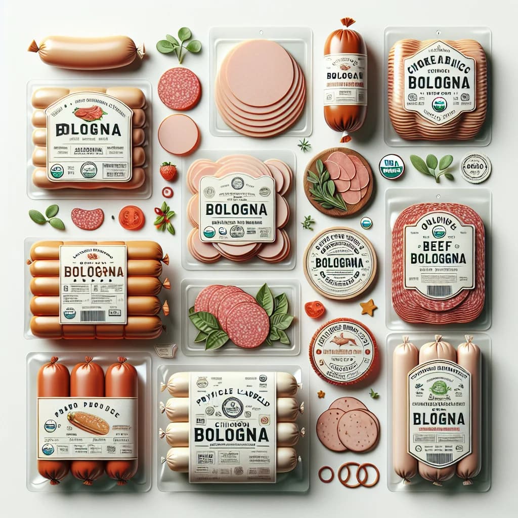 assorted bologna varieties with premium packaging on a clean background