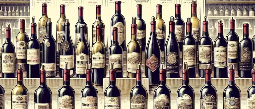 Three variations of Bordeaux wine bottles with elegant labels in a rustic vineyard setting