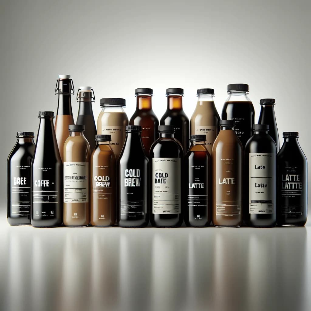 Variety of bottled coffee products with sleek packaging on a clean background