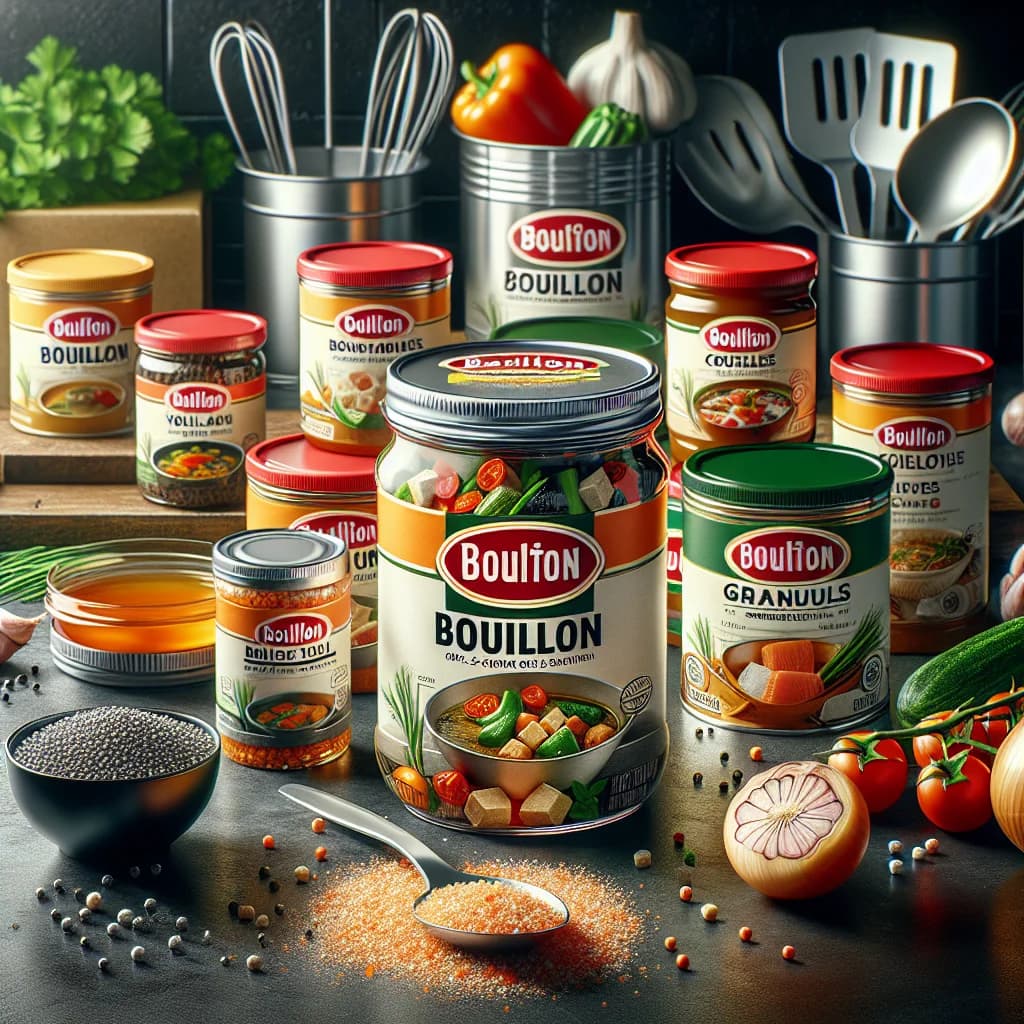 assorted bouillon cubes and granules in various packaging, displayed on a professional kitchen countertop