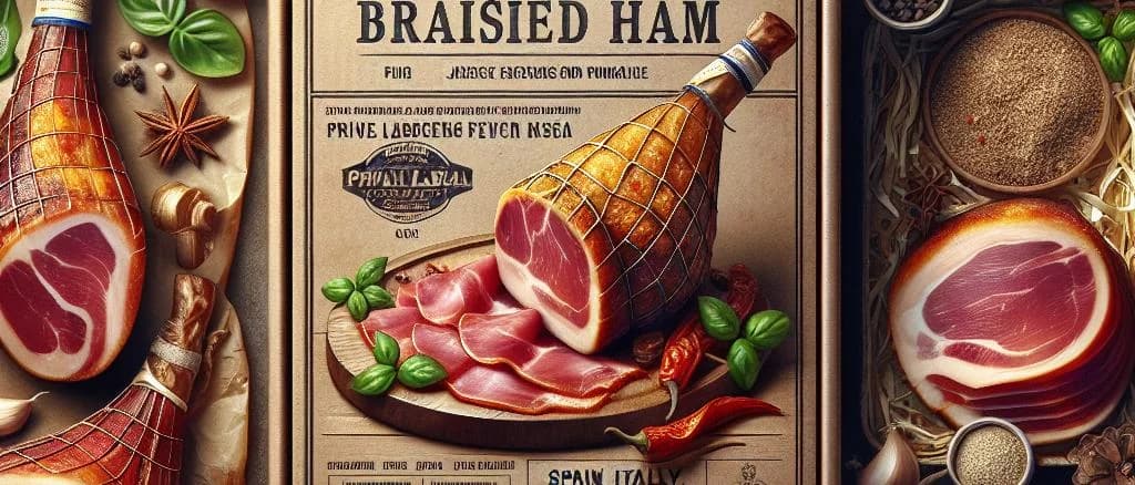 Assorted variations of packaged braised hams on wooden table