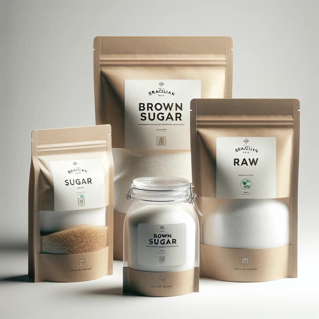 varieties of packaged Brazilian sugar set against a clean, white background for wholesale and private label sourcing