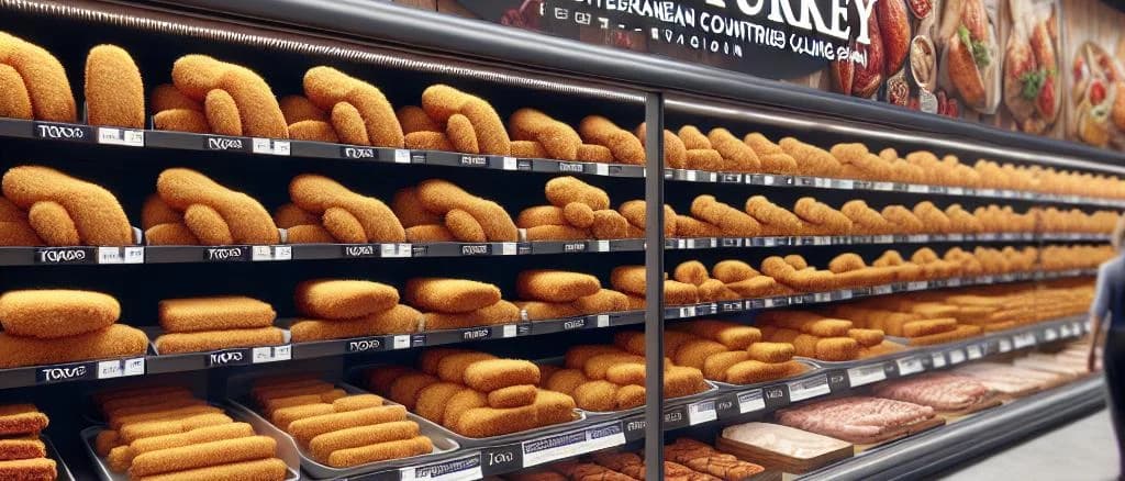Assorted breaded turkey variations on wooden board with seasoning ingredients