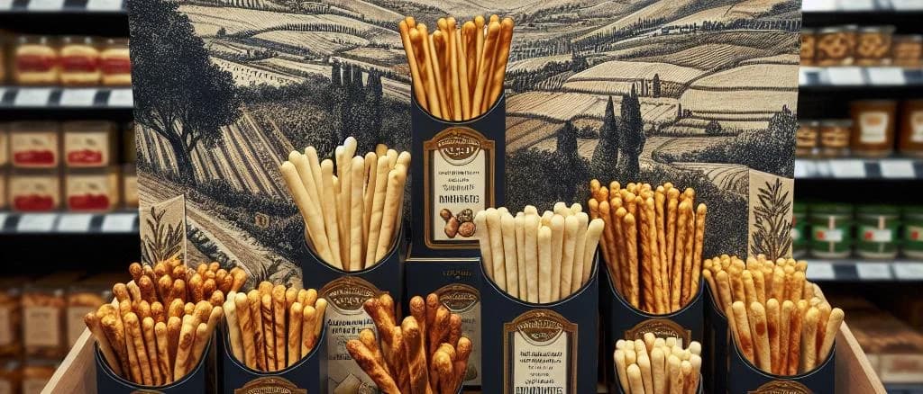 assortment of gourmet breadsticks with different flavors and packaging on a rustic background