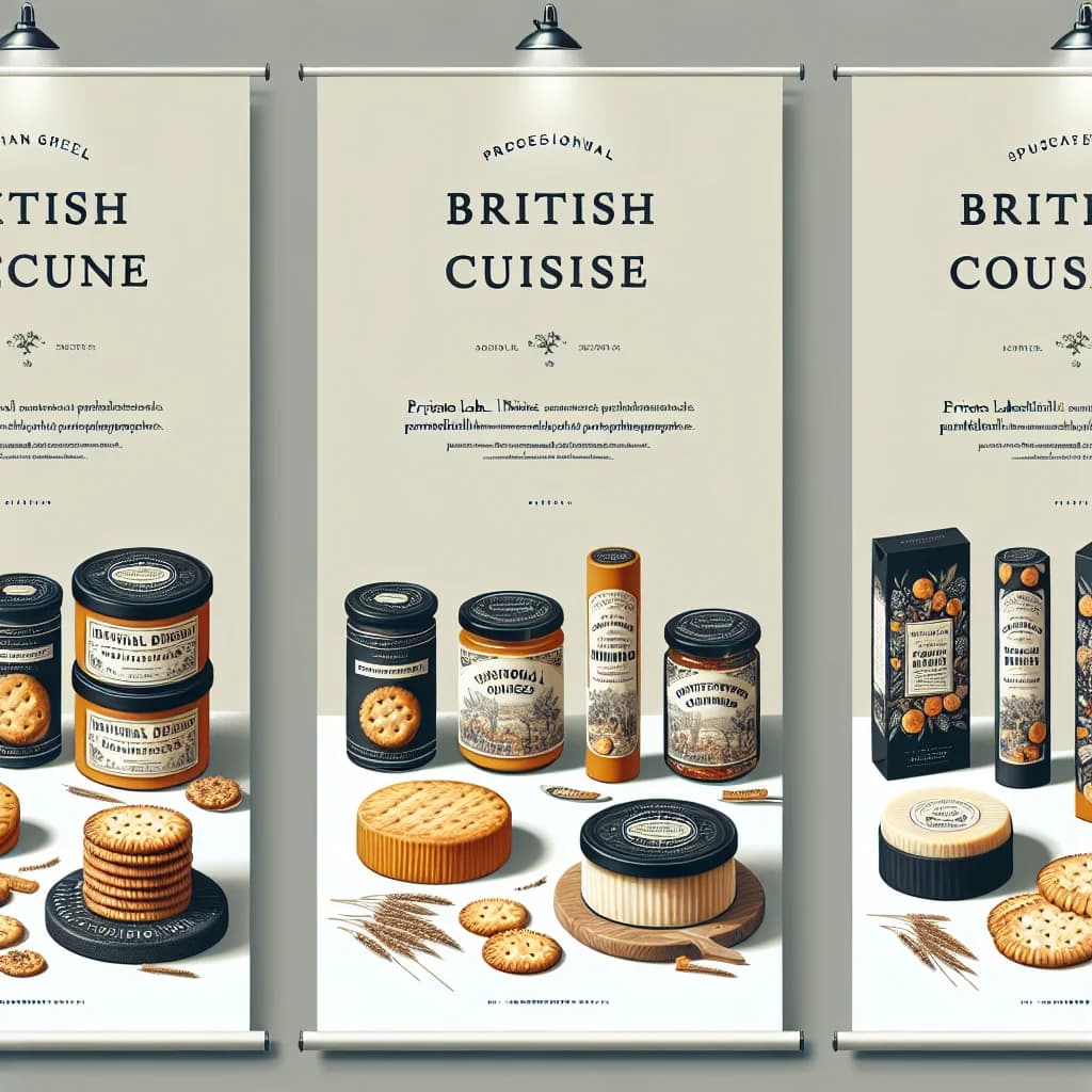 packaged British food products for bulk sourcing, including biscuits, cheeses, and chutneys on a clean white background