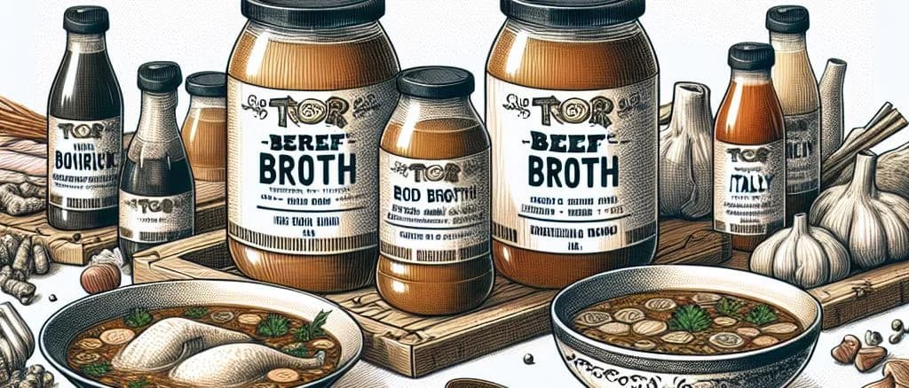 variety of broth packaging displayed against neutral background