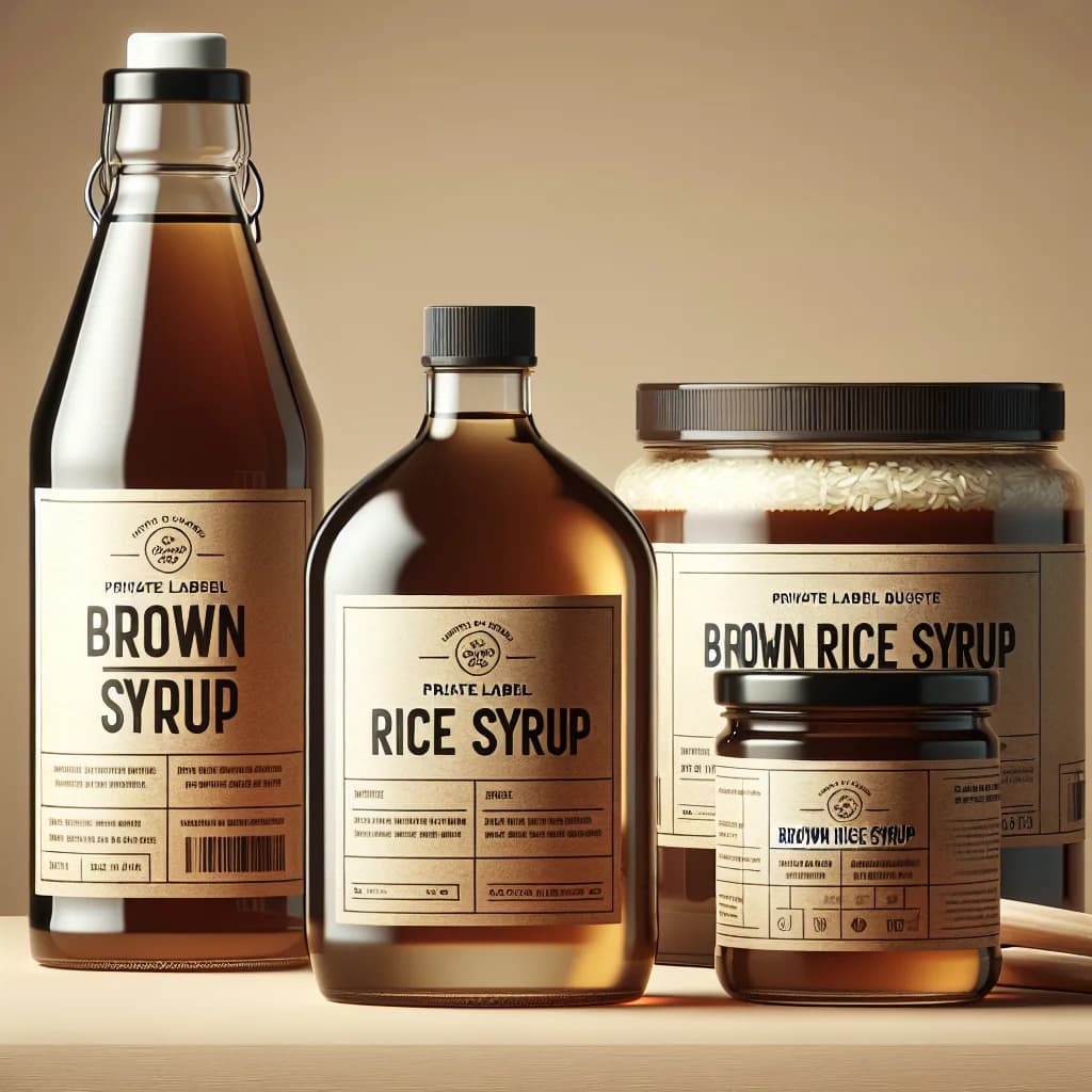 brown rice syrup bottles in various sizes with clean, sustainable packaging on a neutral background