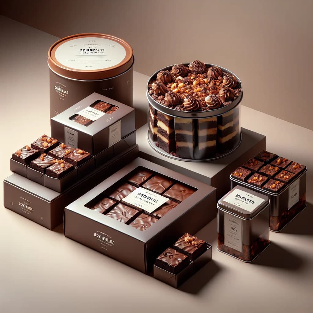 assorted brownies in different packaging on a clean, styled background