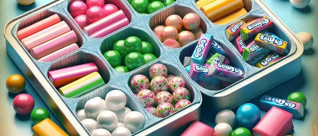 Colorful bubble gum varieties with vibrant packaging on neutral background