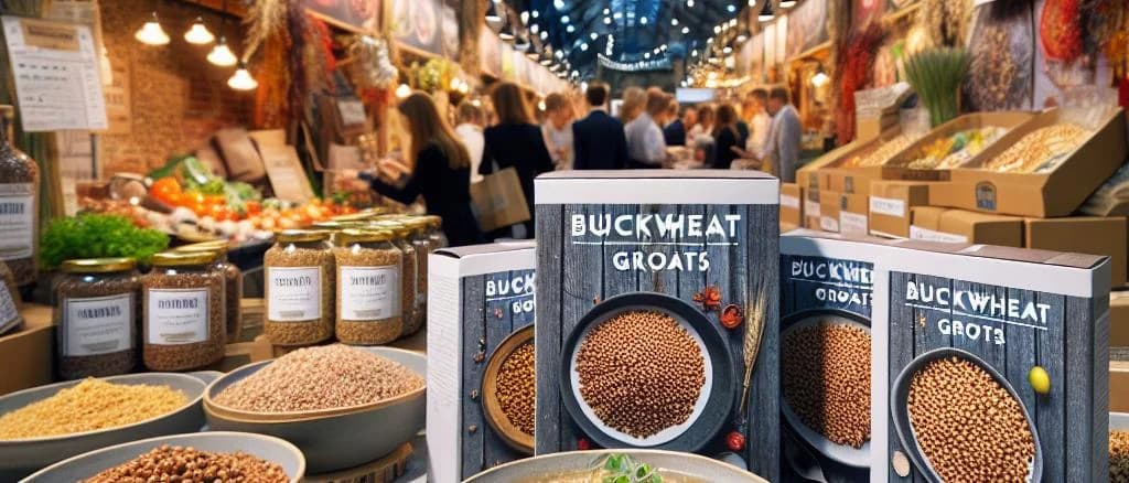 Buckwheat groats in various packaging on a natural wood background