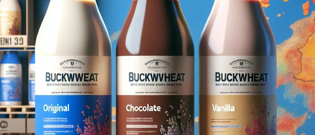 Various containers of buckwheat milk on a wooden surface