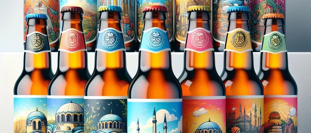 Assorted Bulgarian beers with unique labels on a wooden background
