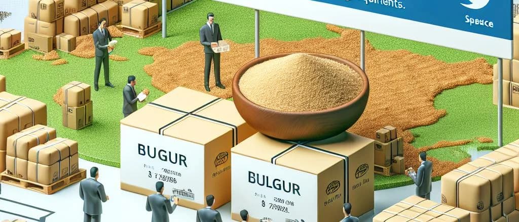 Assorted bulgur variations in different packaging against a rustic kitchen background