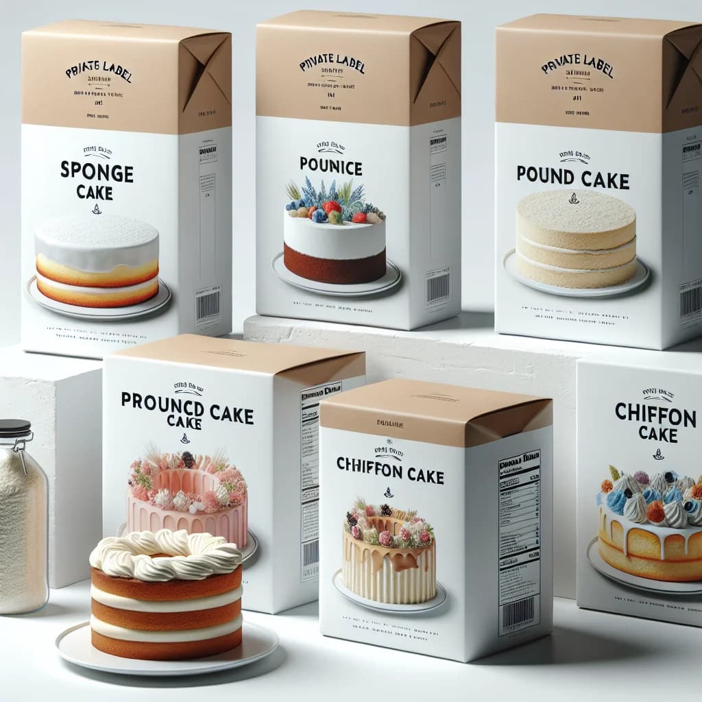 assorted cake base varieties in different packaging for wholesale and private label sourcing