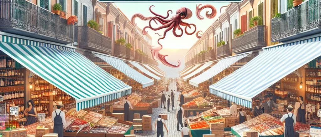 Assorted calamari dishes showcasing various preparation and packaging styles on a professional display surface