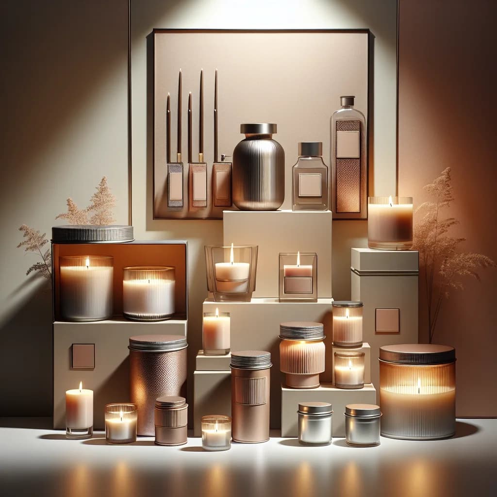 luxury candle packaging in various designs and sizes on a clean background