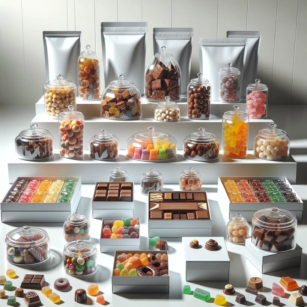assorted premium candy varieties in colorful packaging on a clean, professional display