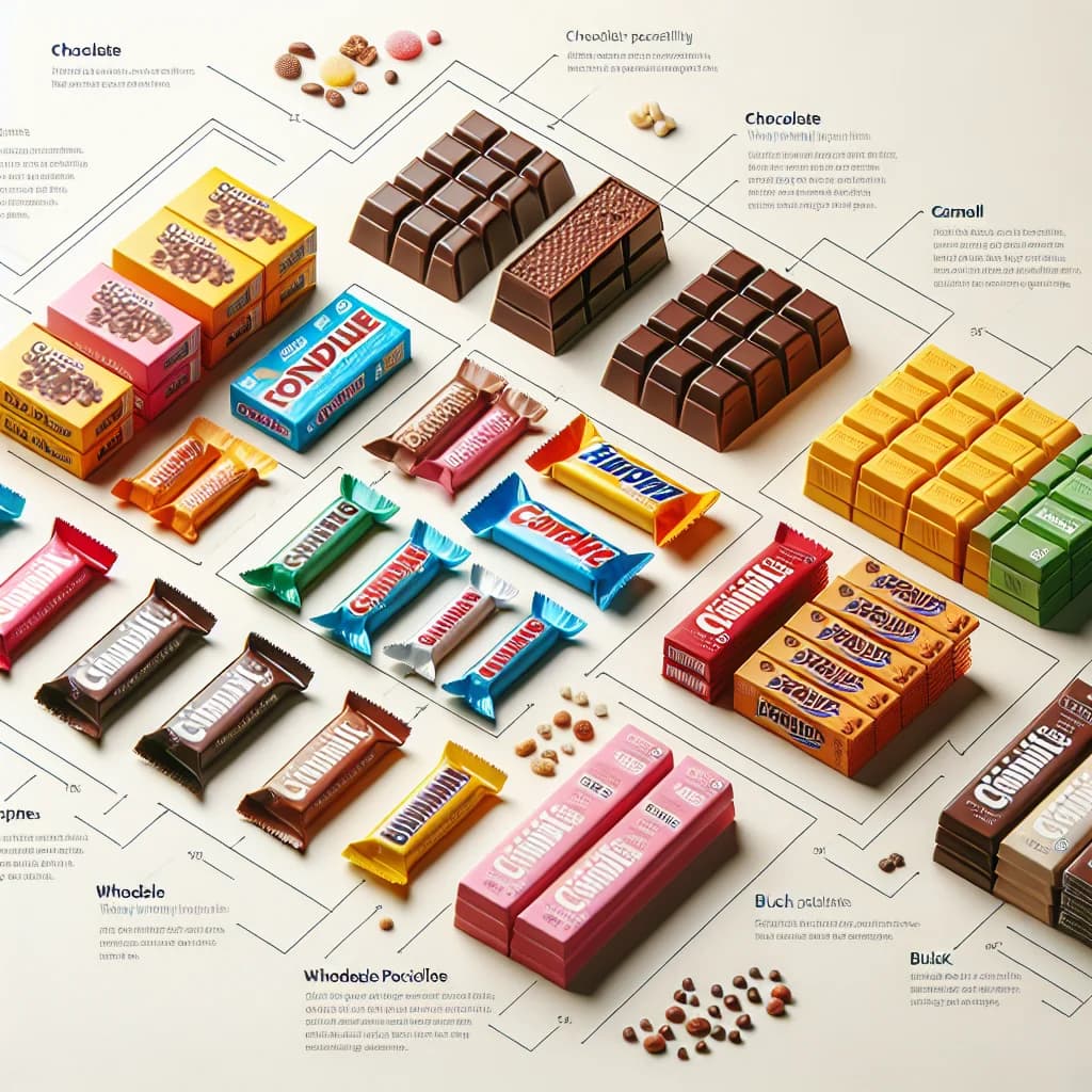 assorted candy bars in colorful packaging with various flavors, displayed on a clean, minimalist background