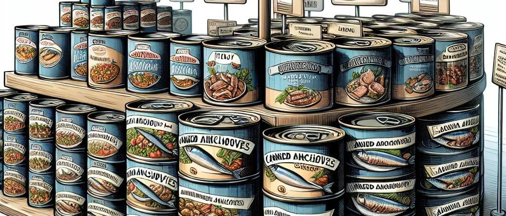 Various canned anchovies in tin packaging on a marble background