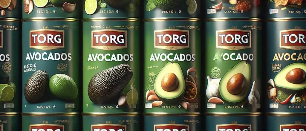 Assorted canned avocado varieties on a sleek, industrial kitchen countertop, showcasing different packaging designs.