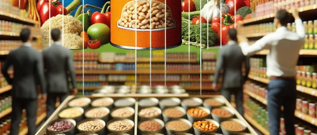 Variety of canned bean products with different labels and packaging on a wooden shelf