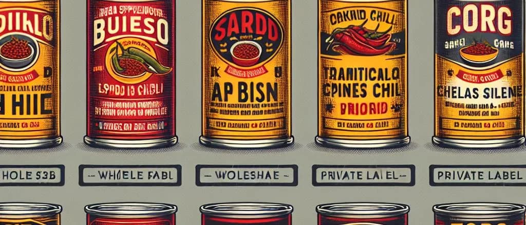 Three variations of canned chili with vibrant labels in a grocery aisle setting