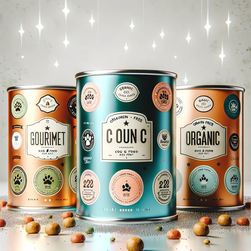 various canned dog food varieties in vibrant packaging on a clean white background