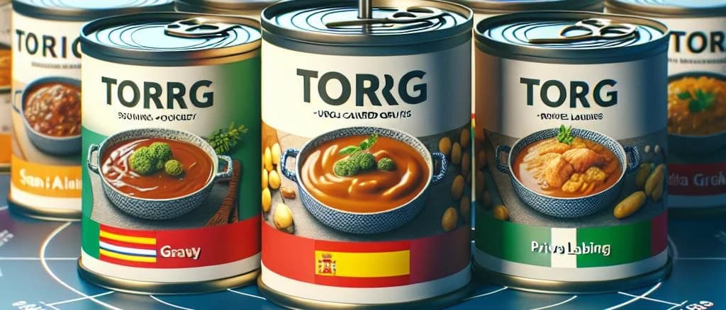 canned gravies in various packaging on a wooden kitchen counter