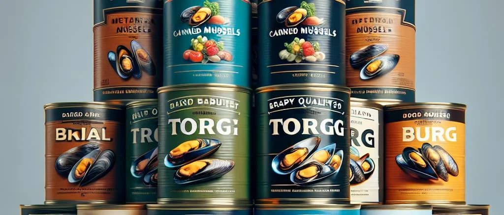 Variety of canned mussels on display with diverse packaging