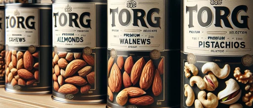 Assorted canned nuts with different packagings on a wooden surface