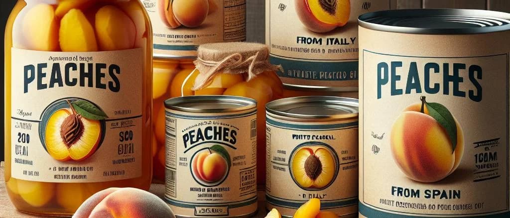 Variety of canned peaches in different packaging on a wooden background