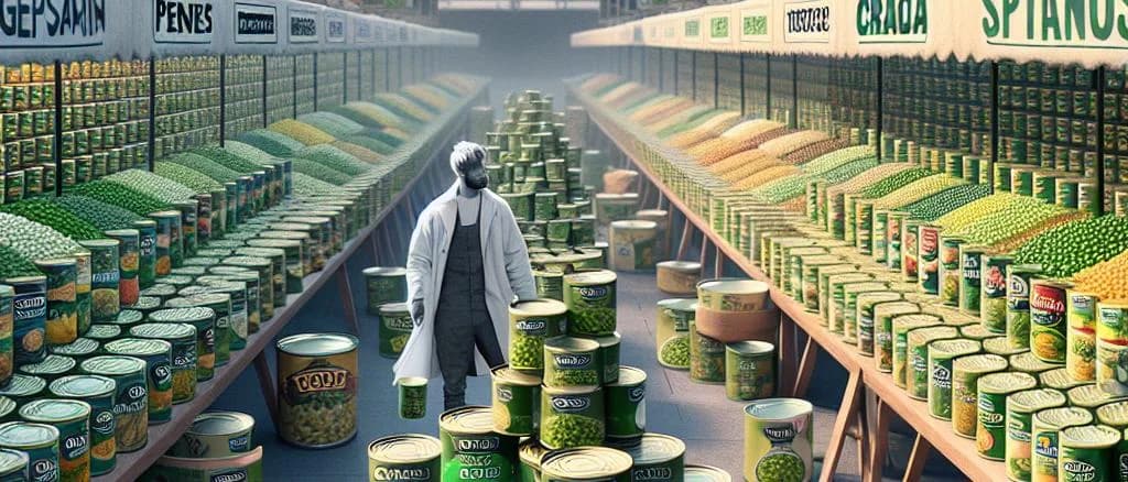 Canned peas in various packaging with fresh peas as background