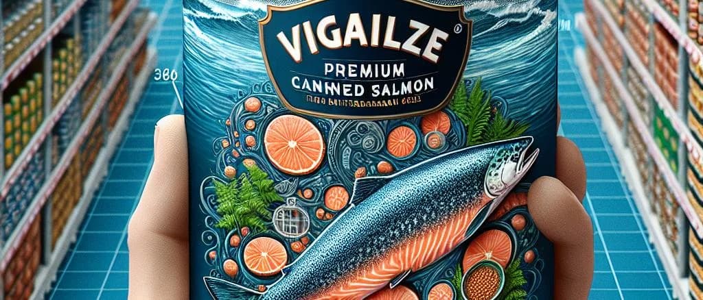 colorful display of canned salmon varieties on commercial shelves