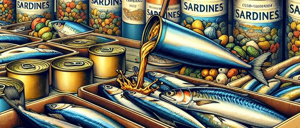 Canned sardines in various packaging options displayed on a wooden table