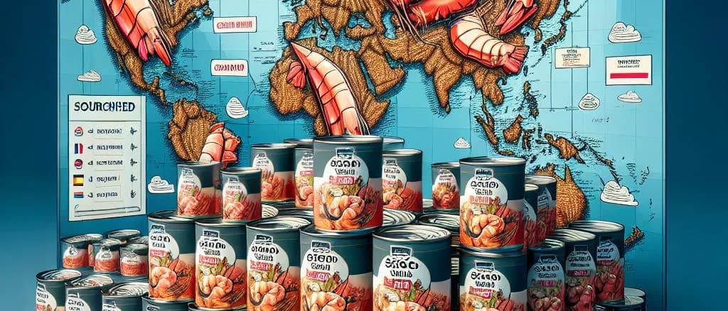 canned shrimp varieties on a wooden background
